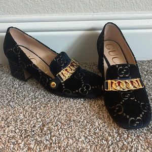 Gucci Blue Sylvie Velvet Gg Web Gold Chain G 36.5 Pumps